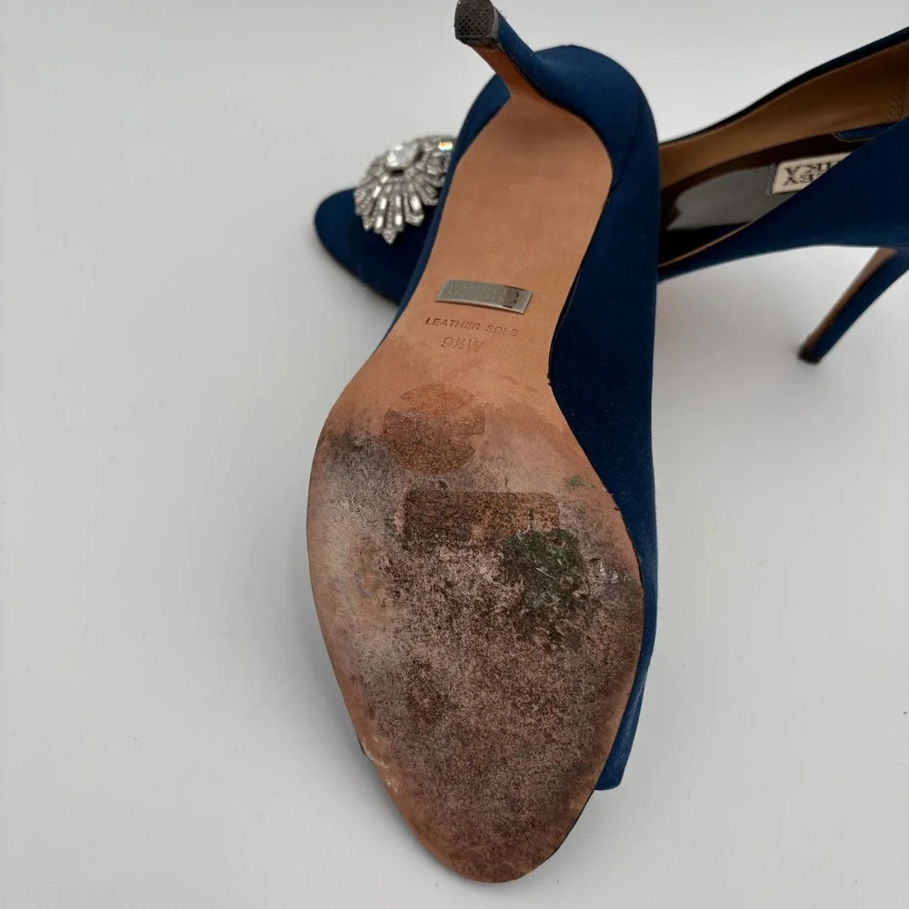 Badgley‎ Mischka Navy Blue Satin Peep Toe Heels Embellished Crystal Sparkle 9.5W